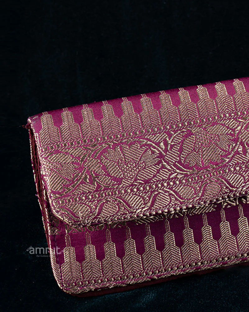 Purple Clutch with Golden Floral Feather Embroidery - Image 2
