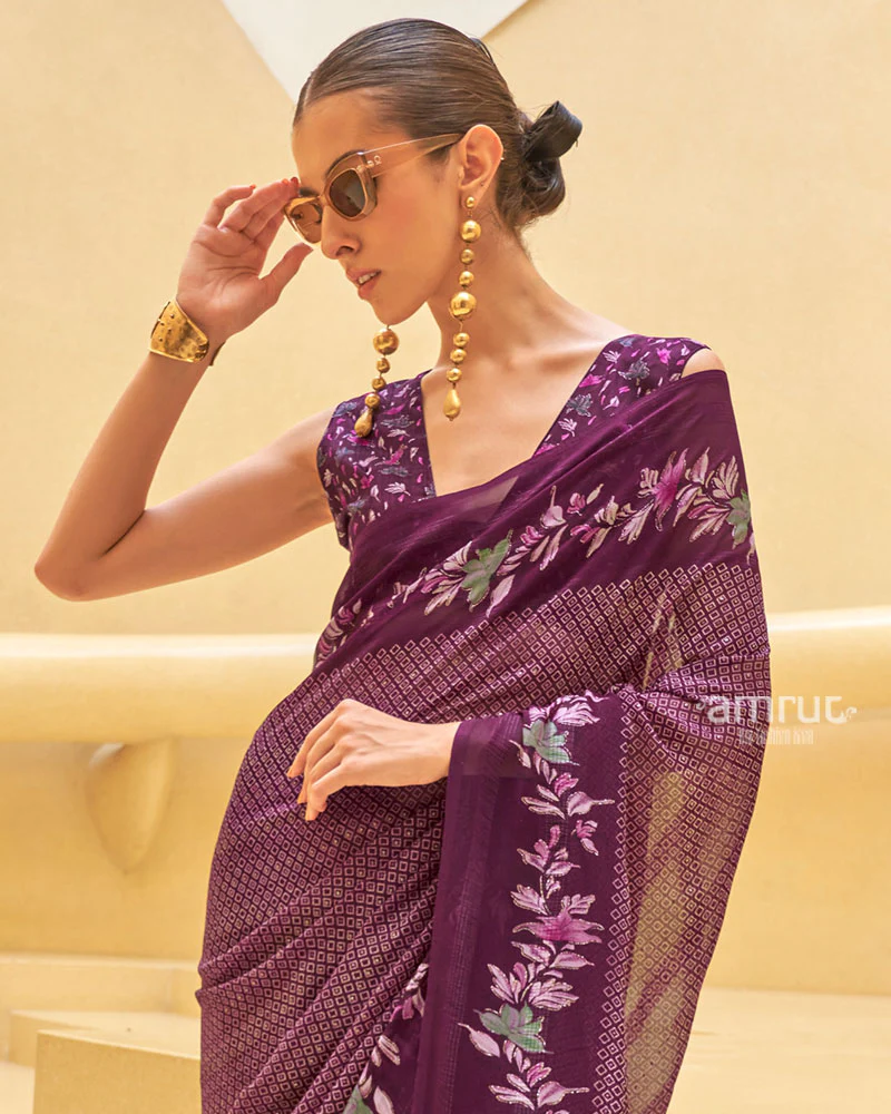 Purple Floral Print Saree with Intricate Weaving and Unstitched Blouse - Image 2