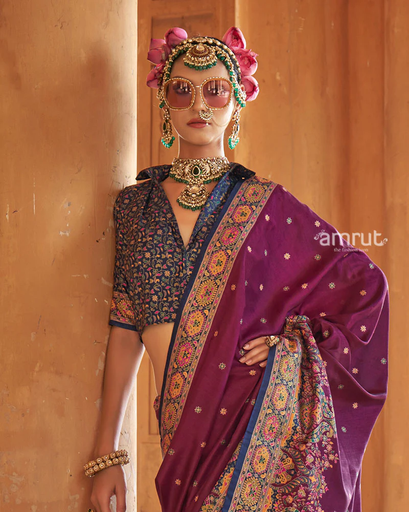 Purple Floral Printed Border Saree with Unstitched Blouse - Image 2