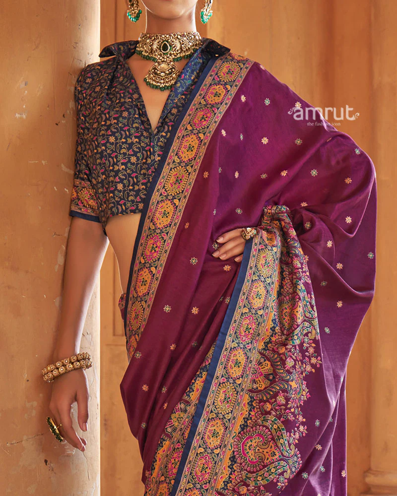 Purple Floral Printed Border Saree with Unstitched Blouse - Image 3