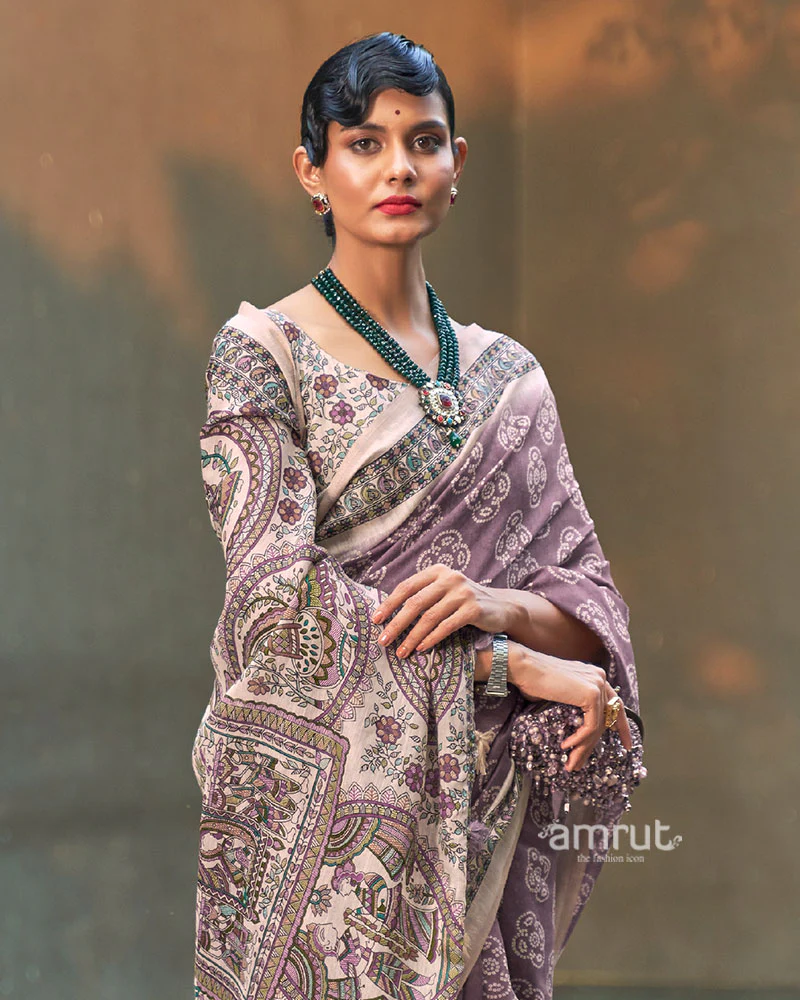 Purple Floral Printed Cotton Saree with Unstitched Blouse - Image 2