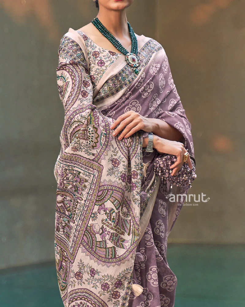 Purple Floral Printed Cotton Saree with Unstitched Blouse - Image 3