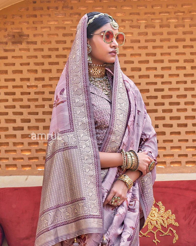 Purple Floral Printed Silk Saree with Unstitched Blouse - Image 2