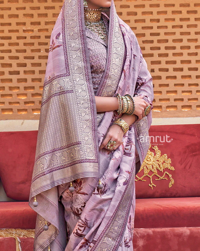 Purple Floral Printed Silk Saree with Unstitched Blouse - Image 3