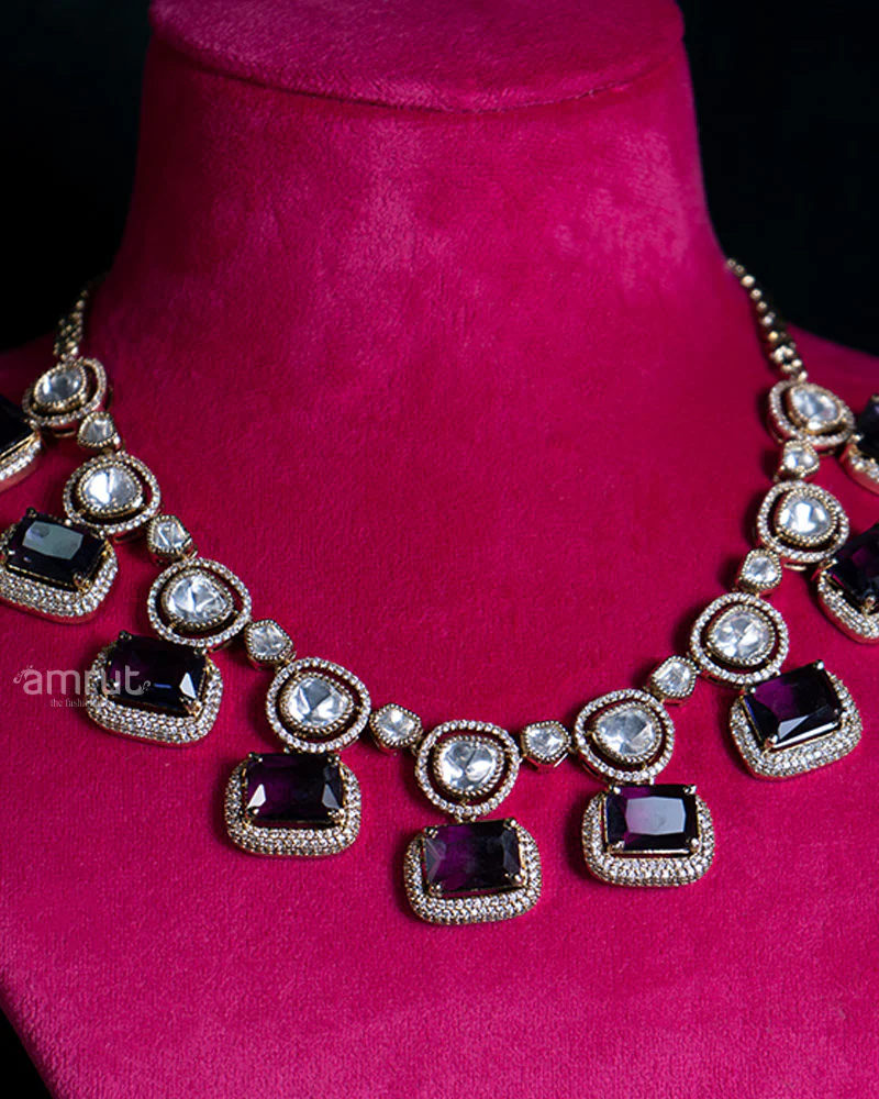 Purple Gemstones Embellished Necklace and Matching Earrings - Image 2