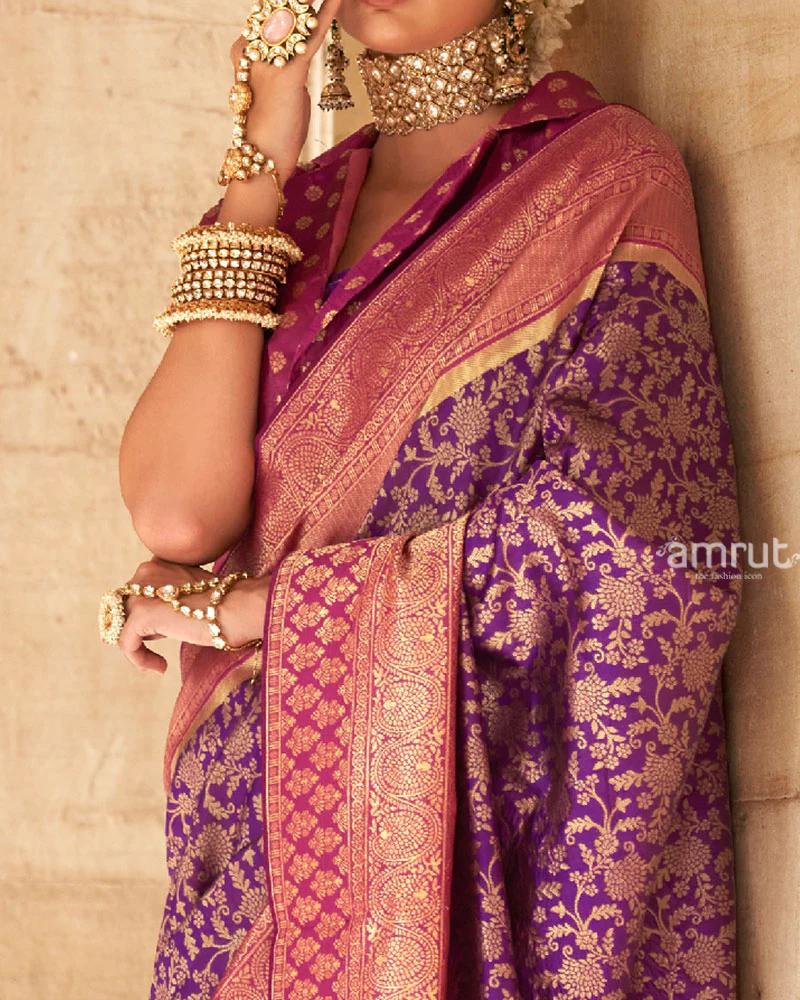 Purple Gold-Toned Ethnic Motifs Design Zari Silk Saree with Unstitched Blouse - Image 3