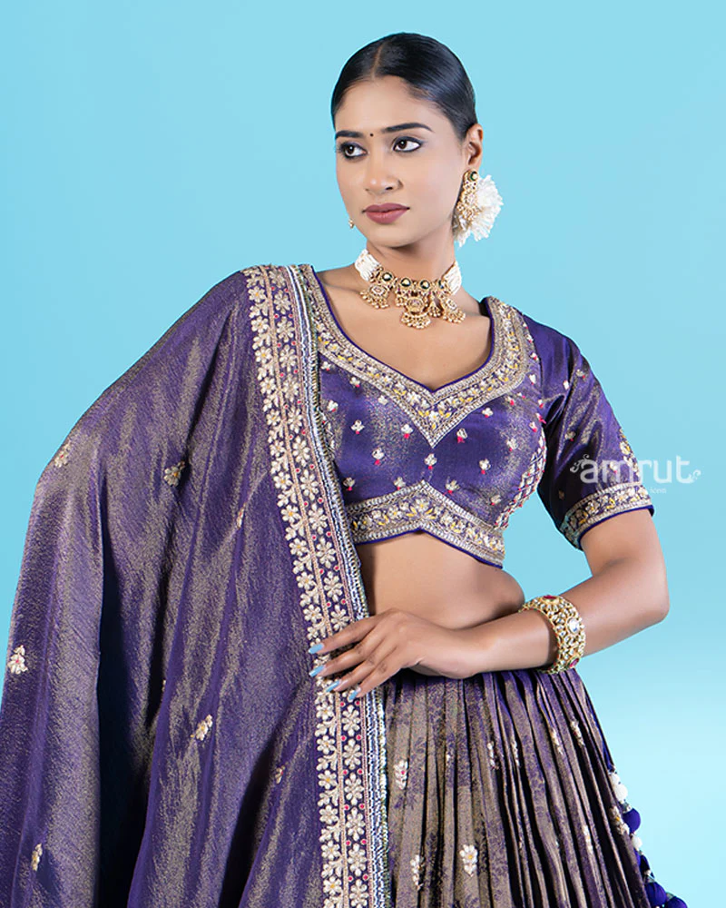 Purple Golden Embroidered Lehenga Choli with Dupatta - Image 2