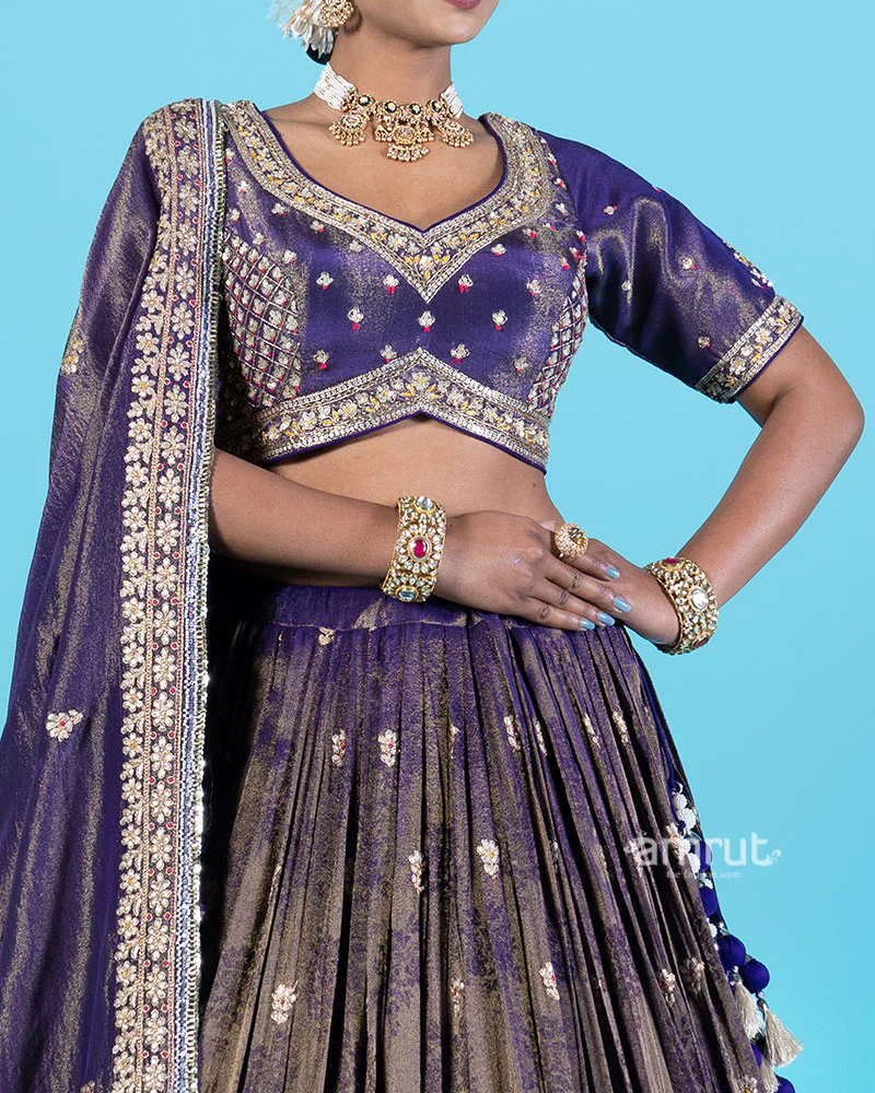 Purple Golden Embroidered Lehenga Choli with Dupatta - Image 3