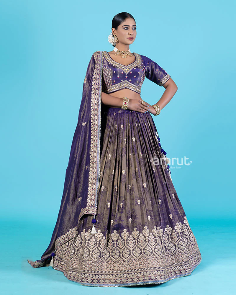 Purple Golden Embroidered Lehenga Choli with Dupatta - Image 4