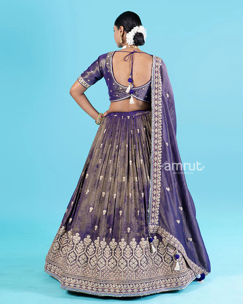 Purple Golden Embroidered Lehenga Choli with Dupatta - Image 5