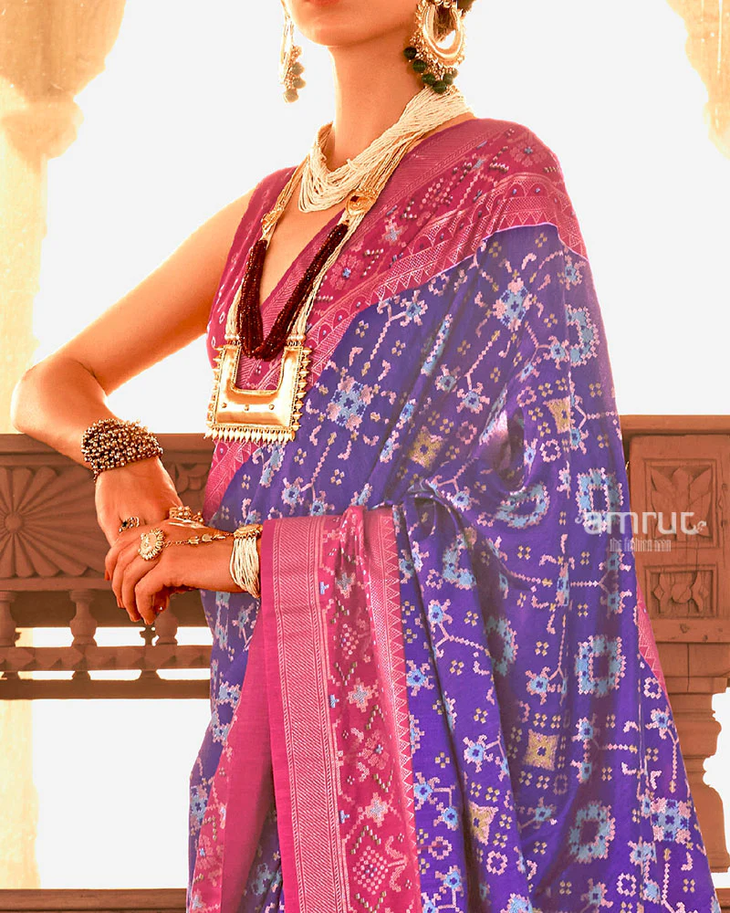 Purple Ikat Printed and Pink Contrast Border Patola Silk Saree with Unstitched Blouse - Image 3