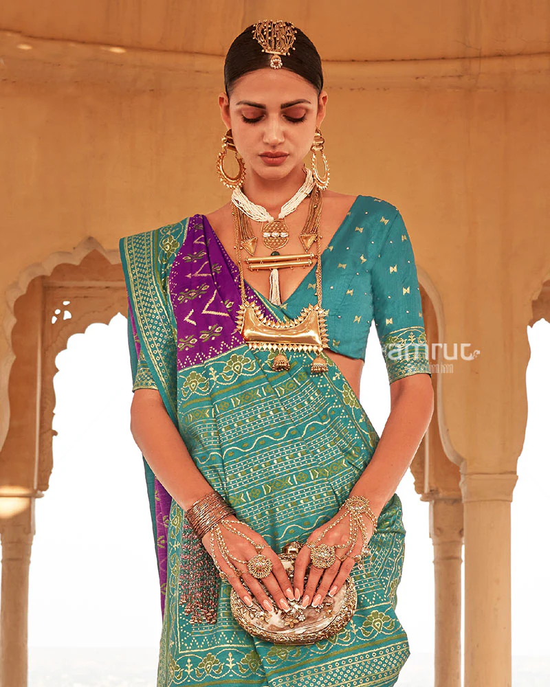 Purple Ikat Printed and Sea Green Contrast Border Patola Silk Saree with Unstitched Blouse - Image 2
