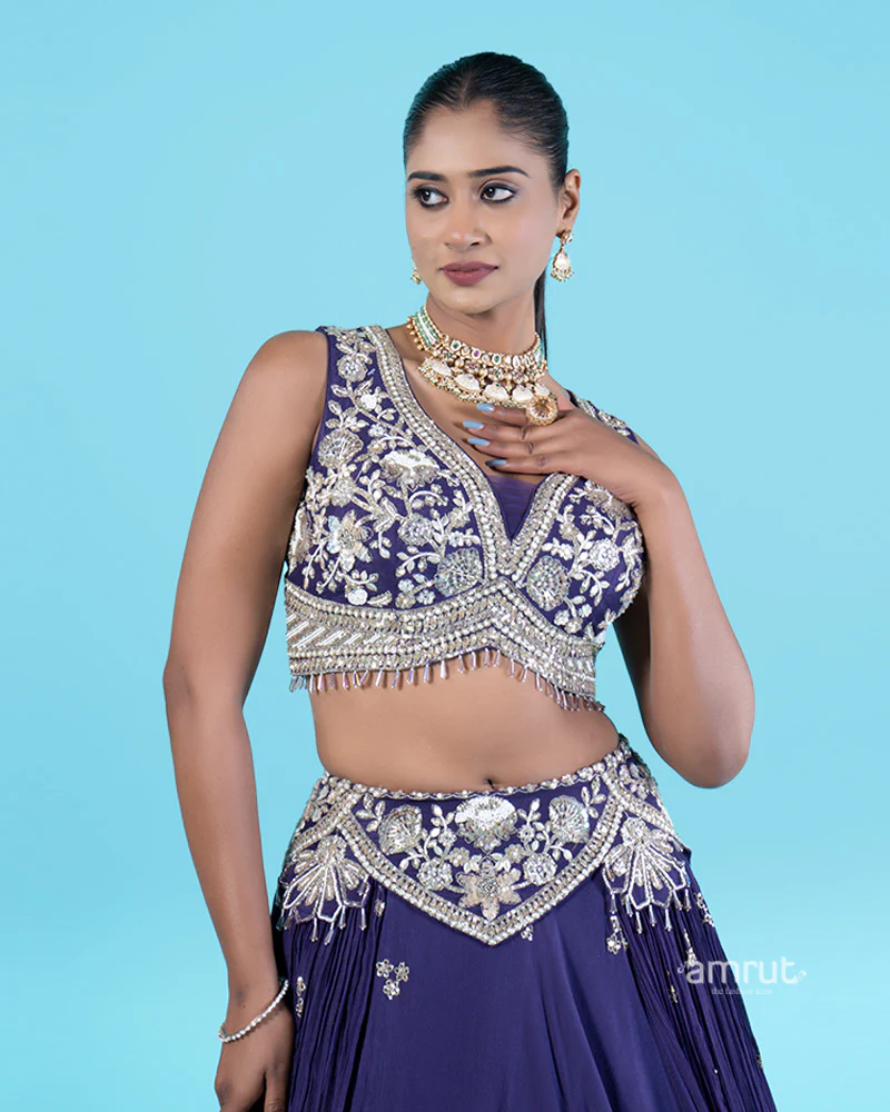 Purple Lehenga Choli with Silver Floral Embroidery and Beading - Image 2