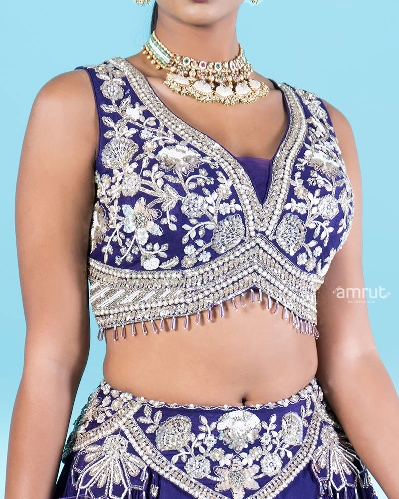 Purple Lehenga Choli with Silver Floral Embroidery and Beading - Image 3
