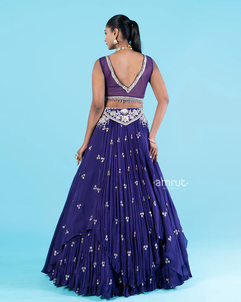 Purple Lehenga Choli with Silver Floral Embroidery and Beading - Image 4