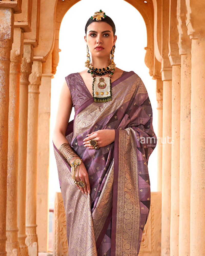 Purple Multicolor Zari Embellished Silk Saree with Unstitched Blouse - Image 2