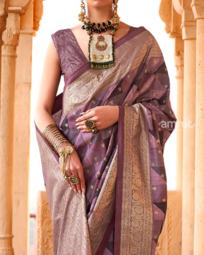 Purple Multicolor Zari Embellished Silk Saree with Unstitched Blouse - Image 3