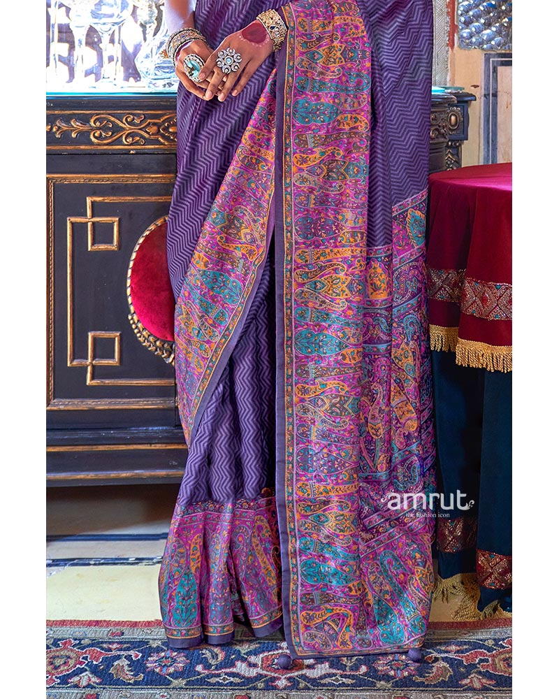 Purple Pashmina Silk Saree Embellished  Exquisite Heavy Print Border With Unstitched Blouse - Image 3