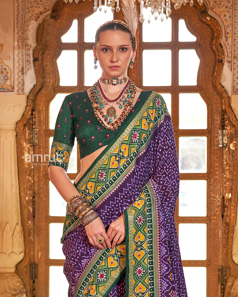 Purple Patola Printed Silk Saree with Unstitched Blouse - Image 2