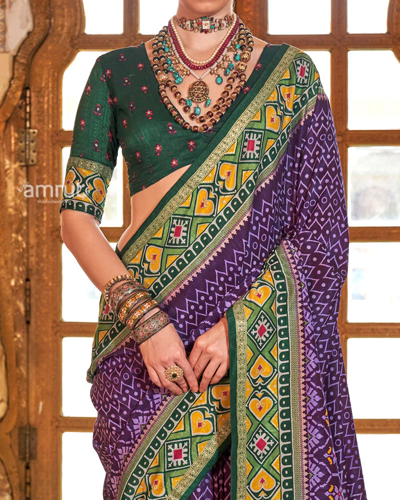 Purple Patola Printed Silk Saree with Unstitched Blouse - Image 3