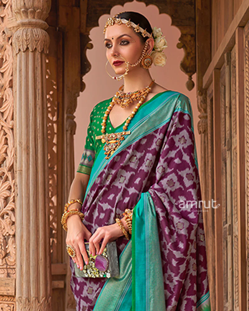 Purple Patola Silk Saree with Foil Print & Teal Green Border with Unstitched Blouse - Image 2