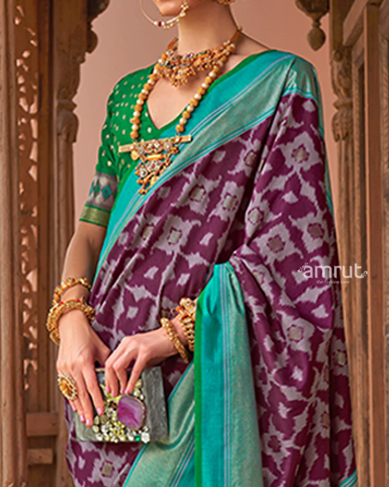 Purple Patola Silk Saree with Foil Print & Teal Green Border with Unstitched Blouse - Image 3
