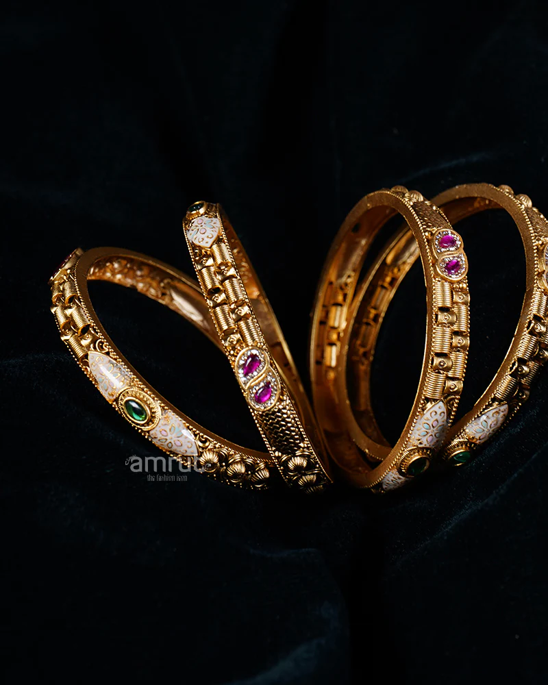 Purple, Pink, and Emerald Gemstone Accents Intricate Bangle Set - Image 2