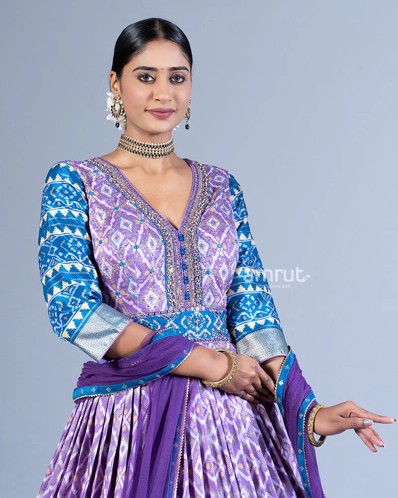 Purple Printed Gown with Silver Blue Detailing and Dupatta - Image 2