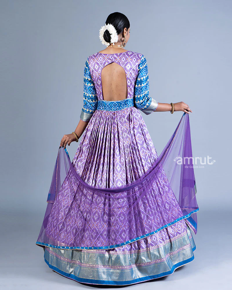 Purple Printed Gown with Silver Blue Detailing and Dupatta - Image 3