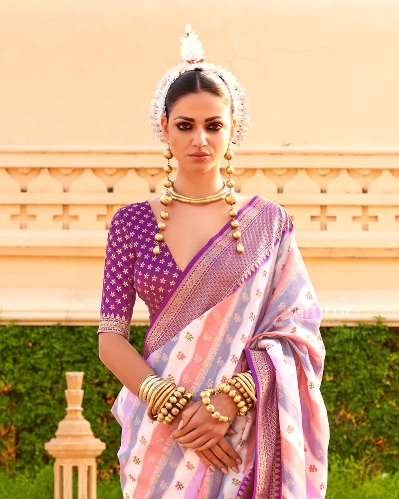 Purple Printed Silk Saree with Unstitched Blouse - Image 2