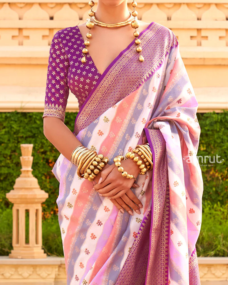 Purple Printed Silk Saree with Unstitched Blouse - Image 3