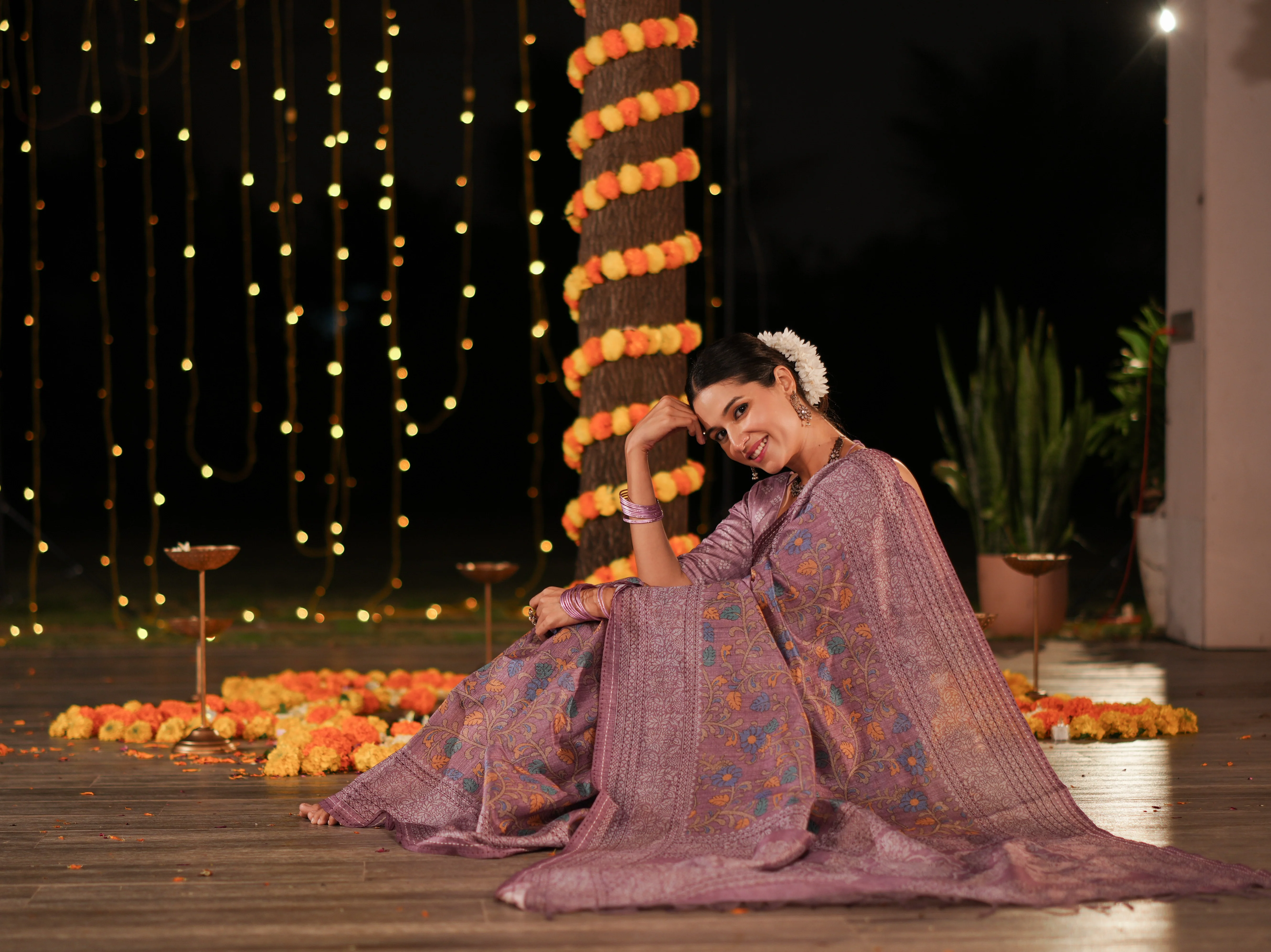 Purple PV Cotton Khadi Saree with Intricate Floral Motifs and Unstitched Blouse - Image 3