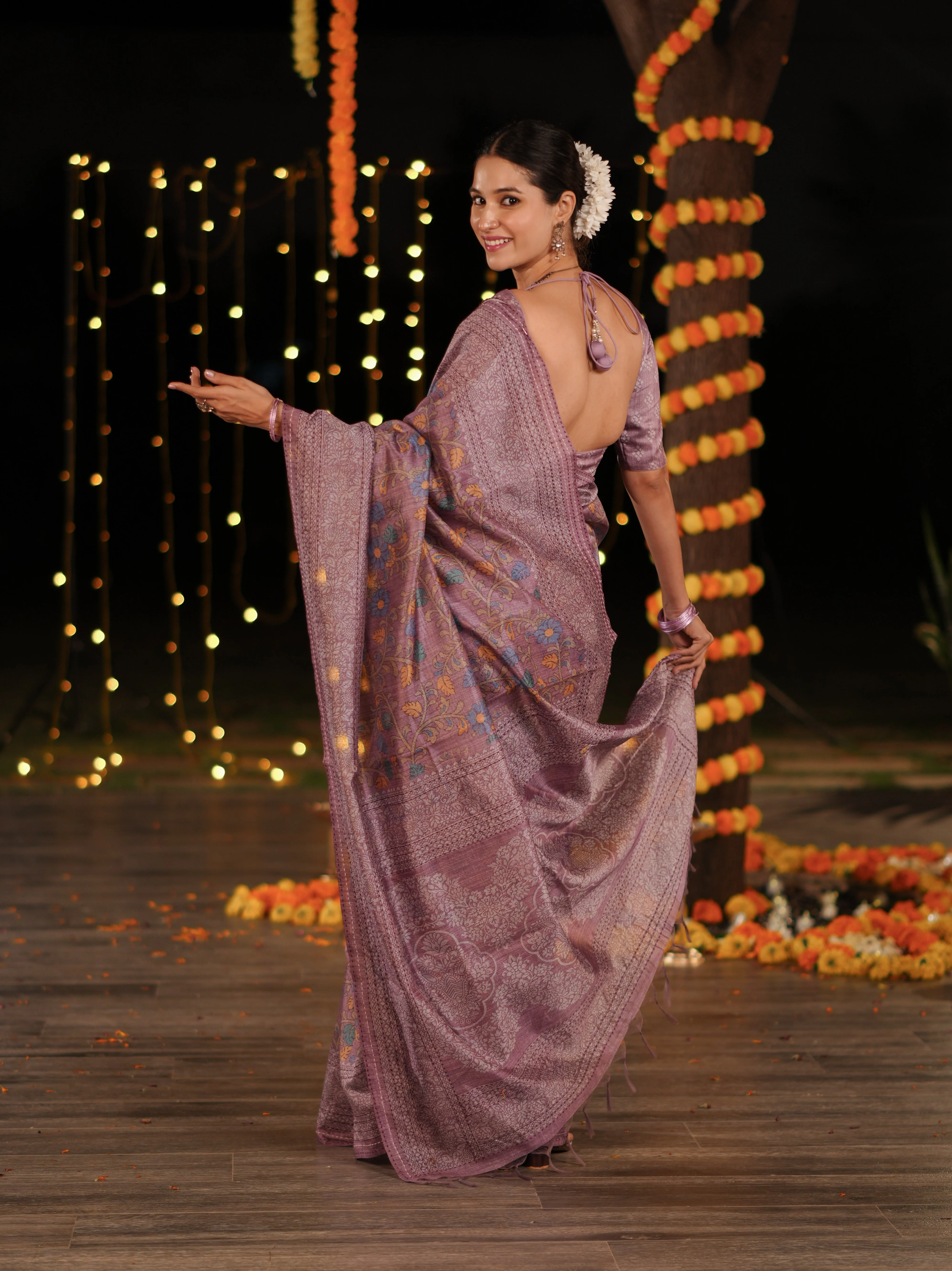 Purple PV Cotton Khadi Saree with Intricate Floral Motifs and Unstitched Blouse - Image 4