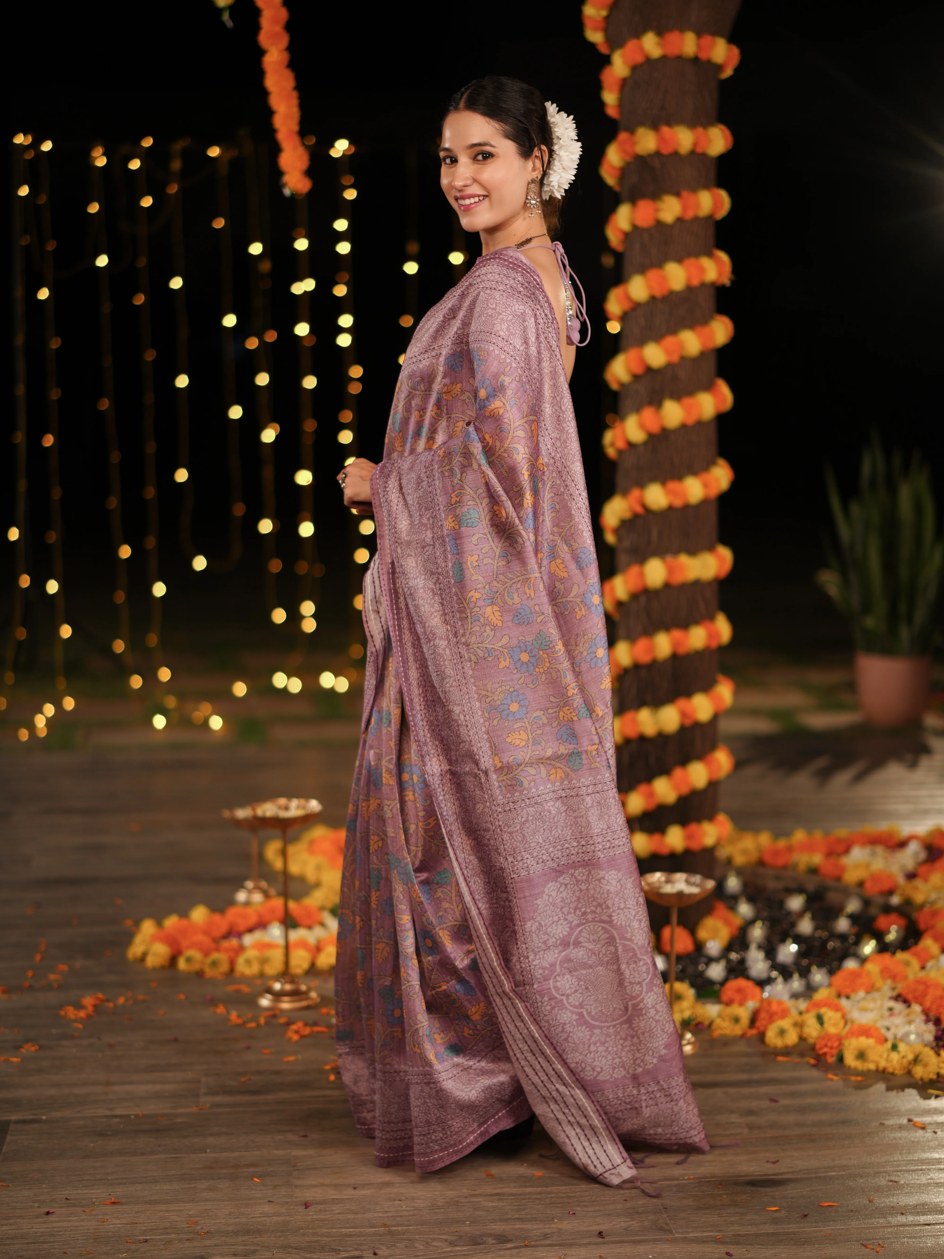 Purple PV Cotton Khadi Saree with Intricate Floral Motifs and Unstitched Blouse - Image 5