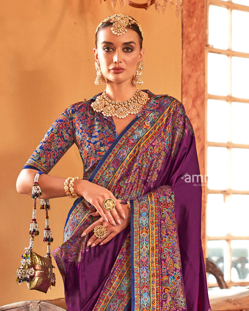 Purple Saree with Multicolored Paisley Print and Unstitched Blouse - Image 2