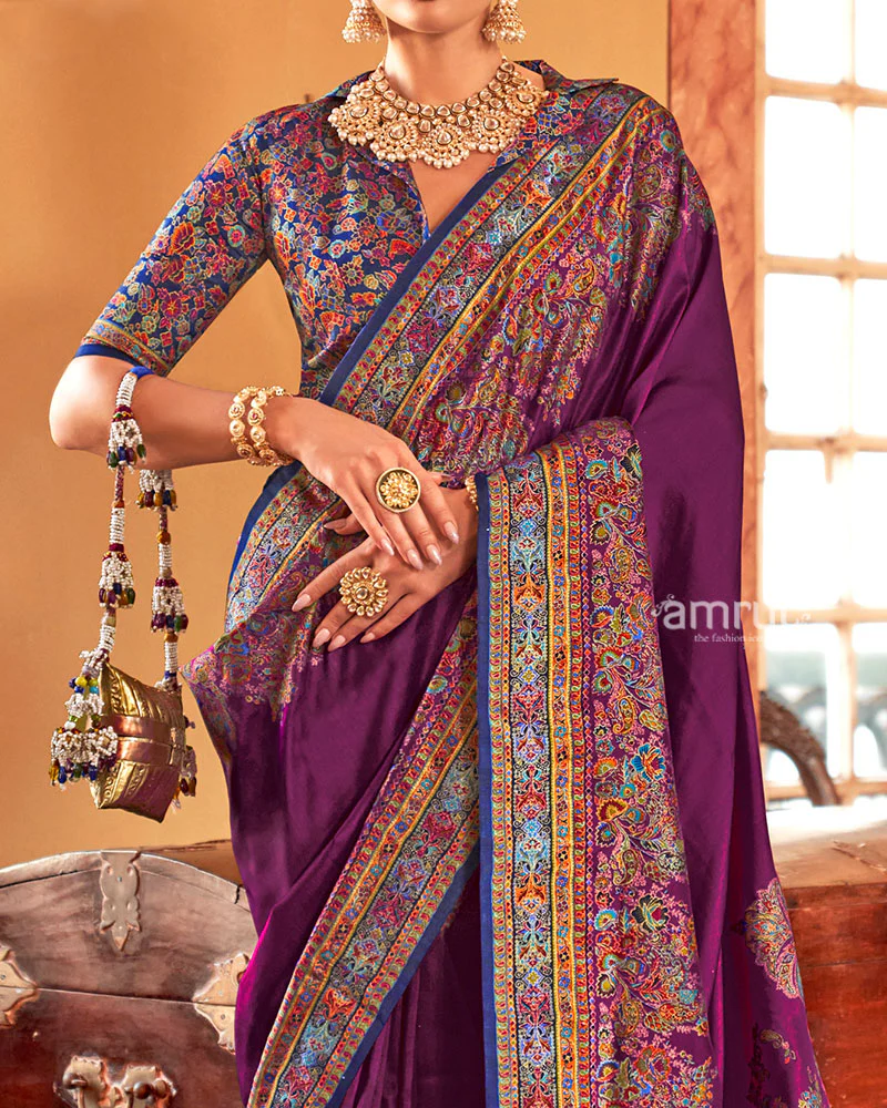 Purple Saree with Multicolored Paisley Print and Unstitched Blouse - Image 3