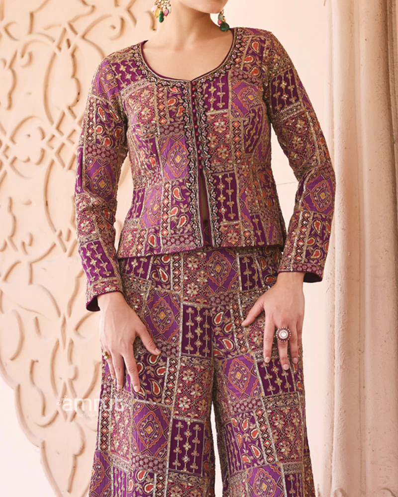 Purple Silk Printed Indo-Western Set - Image 3
