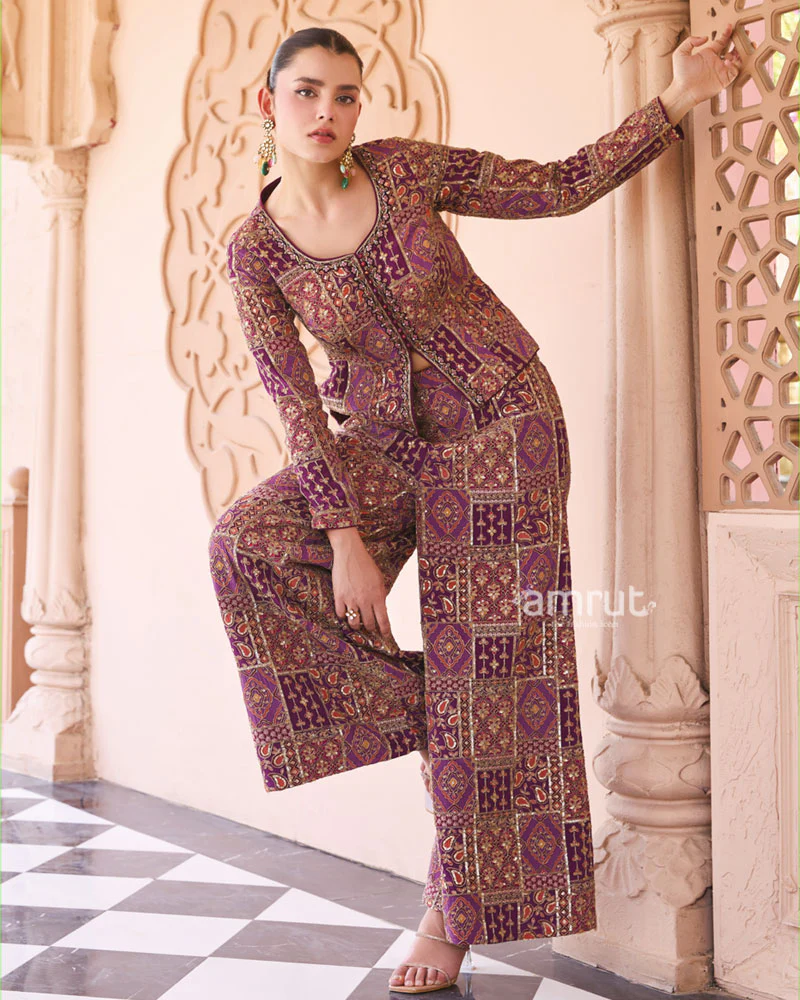 Purple Silk Printed Indo-Western Set - Image 4