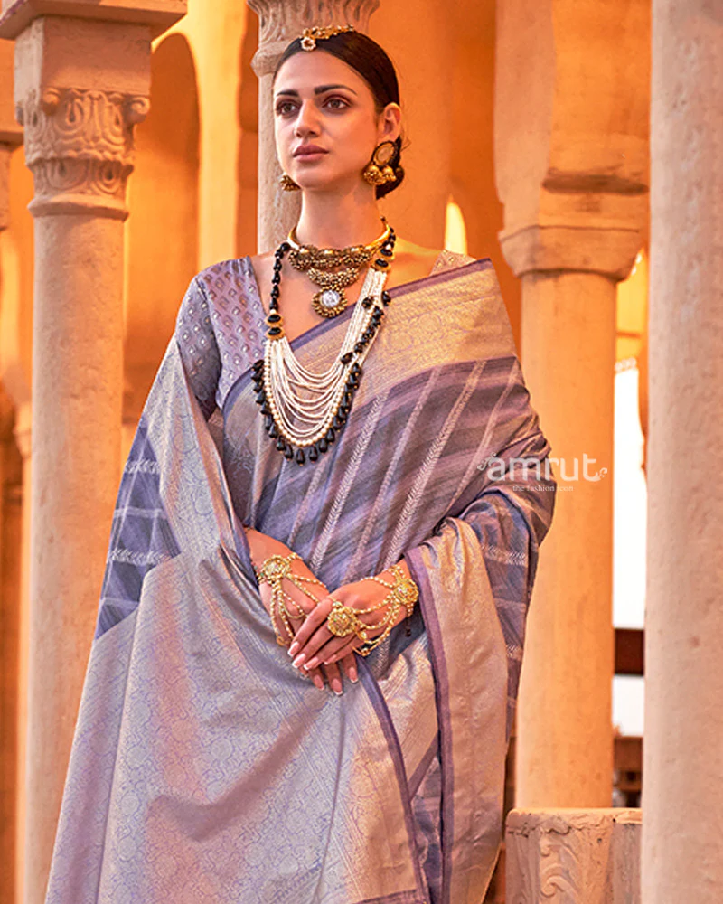 Purple Striped Pattern and Golden Border Silk Saree with Unstitched Blouse - Image 2