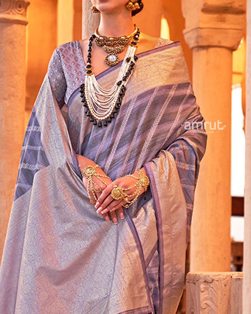 Purple Striped Pattern and Golden Border Silk Saree with Unstitched Blouse - Image 3