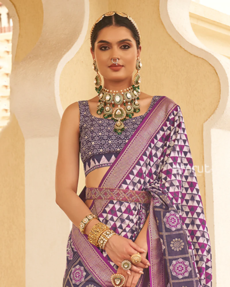 Purple & White Geometric Printed Embellished Zari Border Silk Saree with Unstitched Blouse - Image 2