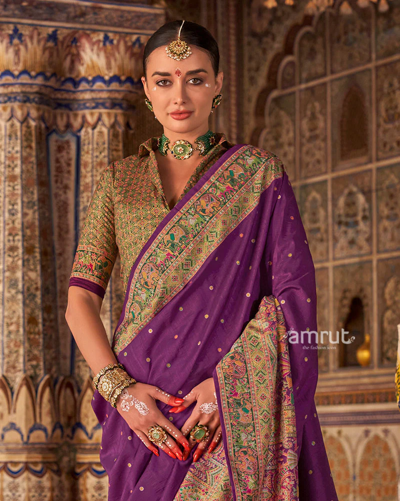 Purple with Floral Motifs Printed Border Saree and Unstitched Blouse - Image 2