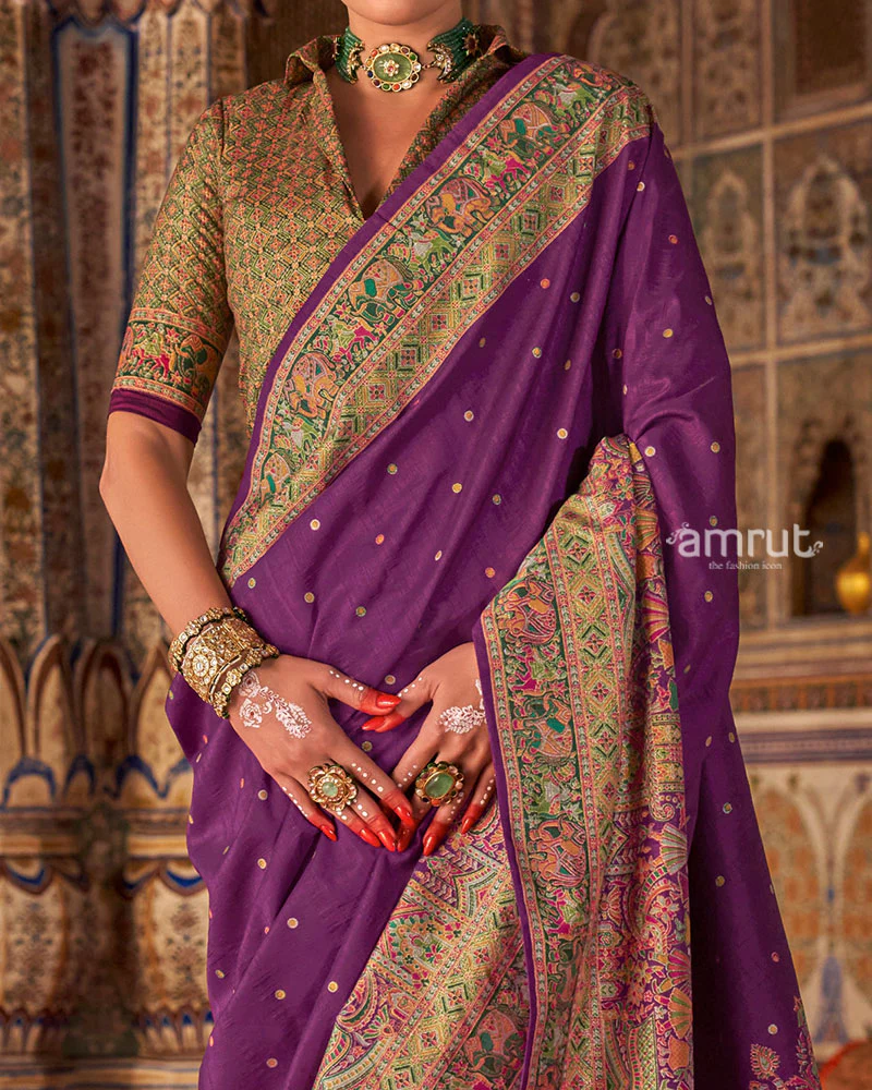 Purple with Floral Motifs Printed Border Saree and Unstitched Blouse - Image 3