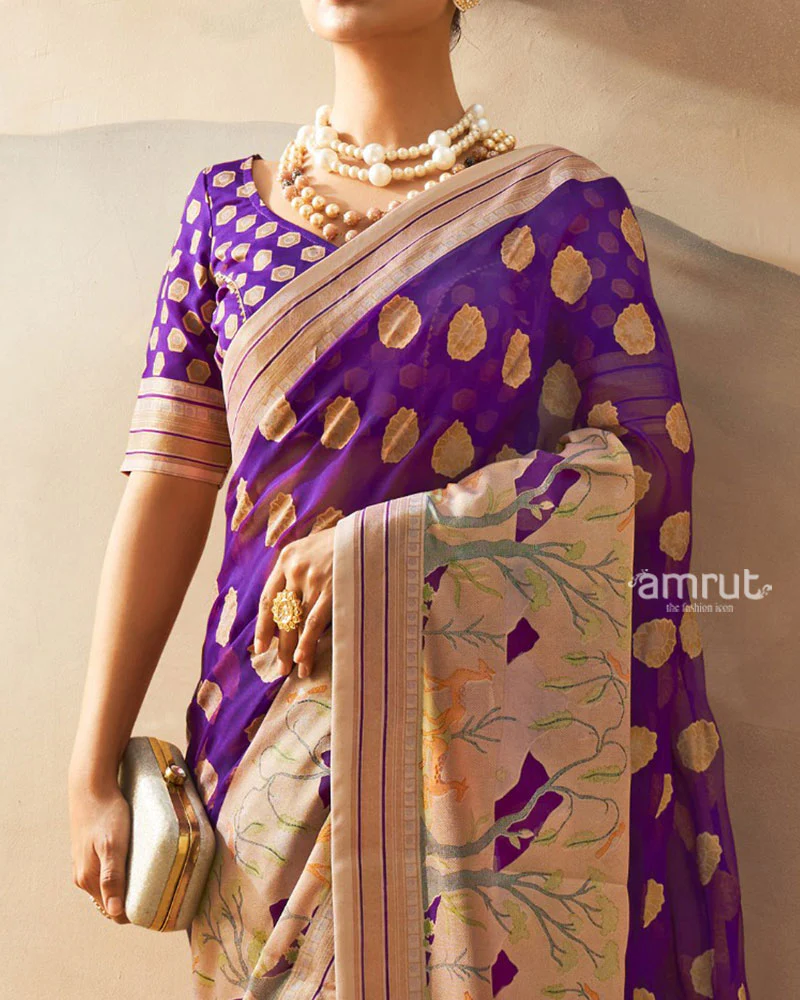 Purple with Golden Polka Dots Nature Inspired Print Border Georgette Saree and Unstitched Blouse - Image 3