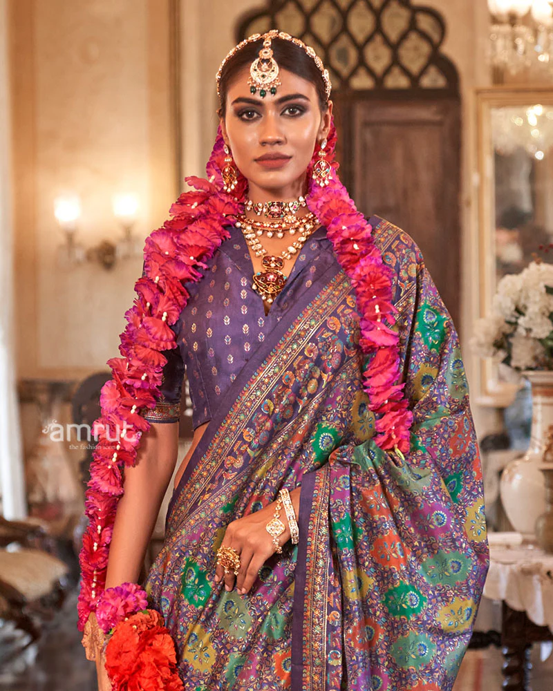 Purple with Multicolored Printed Saree and Unstitched Blouse - Image 2