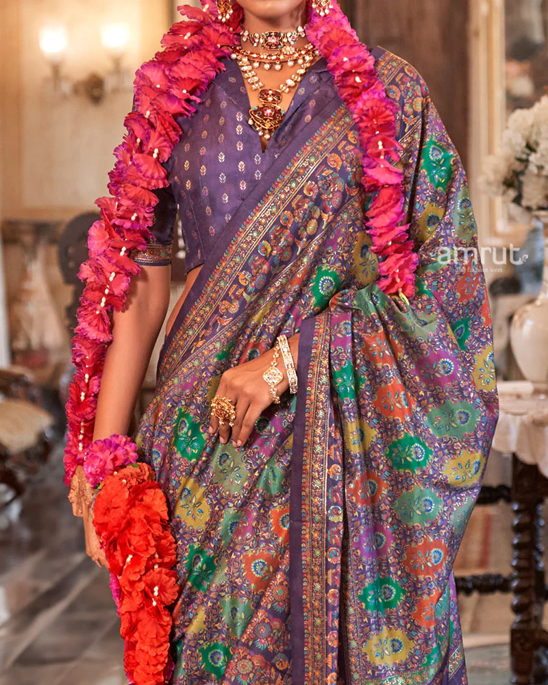 Purple with Multicolored Printed Saree and Unstitched Blouse - Image 3