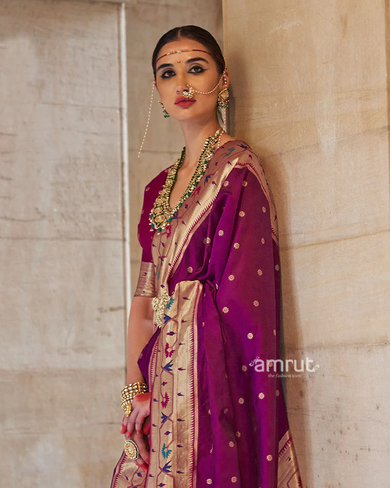 Purple with Pink Zari Border Paithani Silk Saree and Unstitched Blouse - Image 2