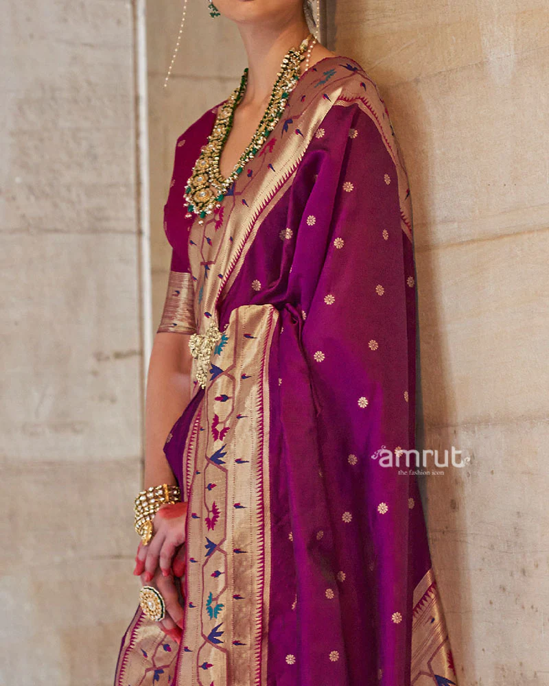 Purple with Pink Zari Border Paithani Silk Saree and Unstitched Blouse - Image 3