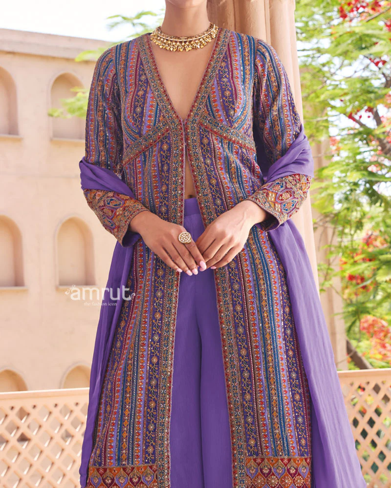 Purple with Resham and Sequin Work Printed Georgette Palazzo Set - Image 3
