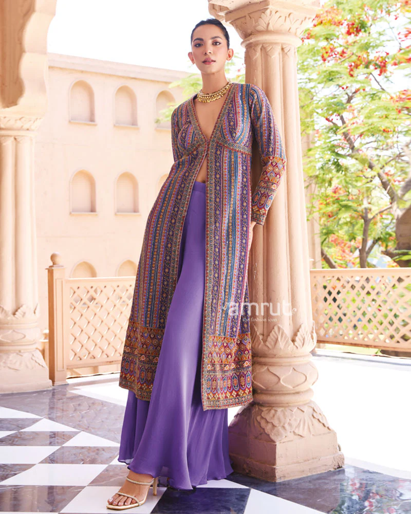 Purple with Resham and Sequin Work Printed Georgette Palazzo Set - Image 4